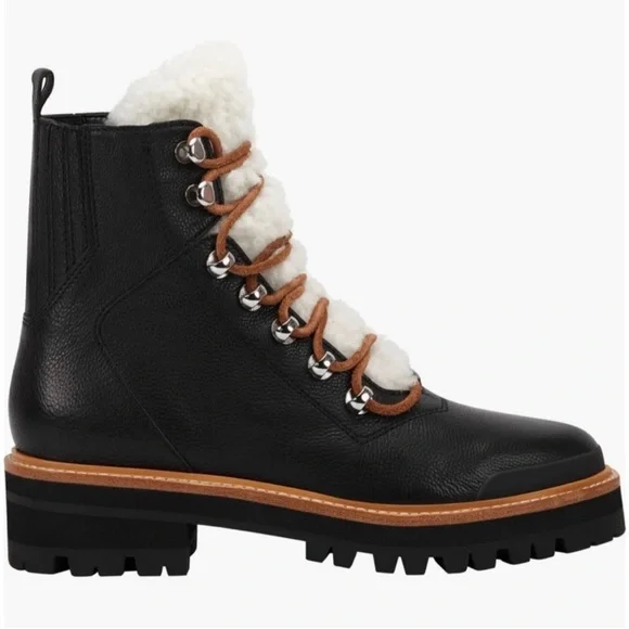 MARC FISHER $199 Izzie Genuine Shearling Lace Up Lug Sole Black Boot Size 6 NEW - Picture 2 of 10